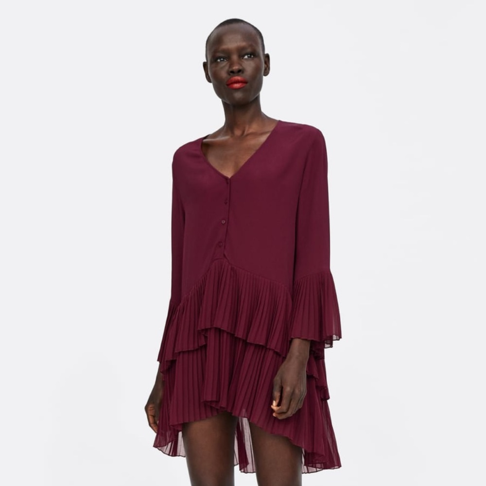 Zara maroon wine pleated shirt dress